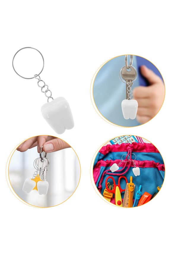 25Pcs White Tooth Keychain Made with Stainless Steel and Plastic for Bag Hanging and Party Favors