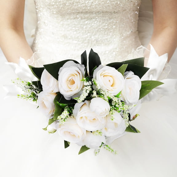 RENACLIPY 2-Pack White Artificial Bridal Bouquet with Comfortable Handle for Wedding Decoration and Bride Flowers