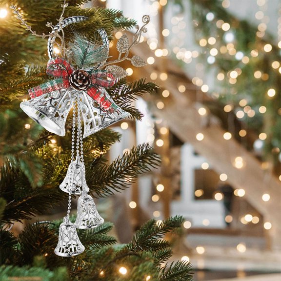 RENACLIPY Metal Hanging Bell Christmas Tree Bell Ornaments Silver 2Pcs