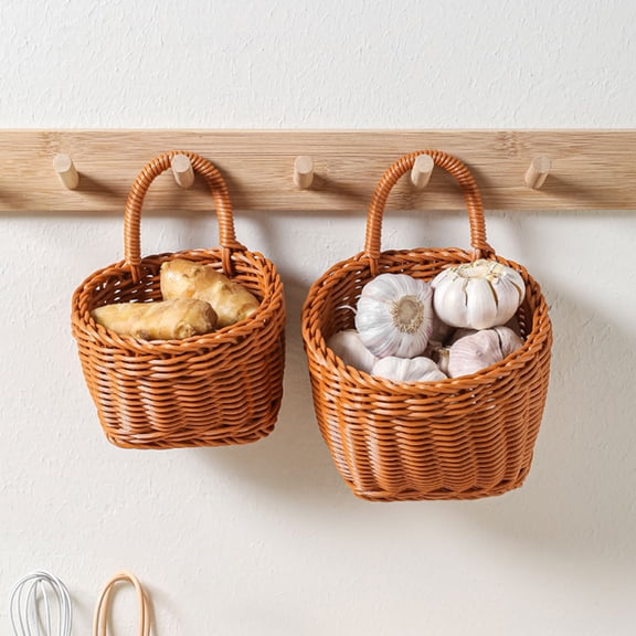 RENACLIPY 2-Pack Light Brown Woven Wall Hanging Baskets for Kitchen Storage of Onion, , Garlic
