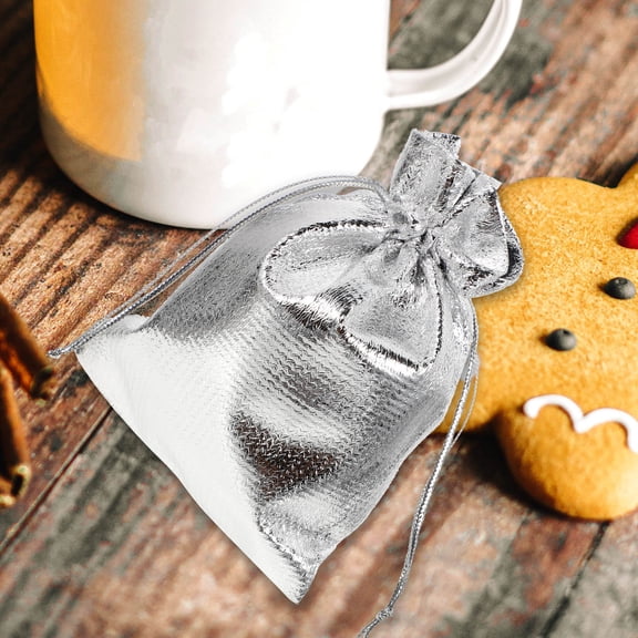 RENACLIPY 30Pcs Small Plated Silver Drawstring Bags Decorative Organza Bags for Party Favor Storage Use