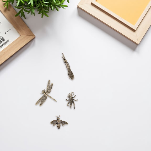 RENACLIPY 4Pcs Golden Brass Insect Figurines Decorative Dragonfly Grasshopper and Mantid Statue