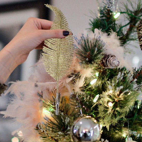 RENACLIPY 4Pcs Assorted Color Xmas Glitter Leaves Clip on Artificial Leaf Decorations for Christmas Tree Wreath Gar