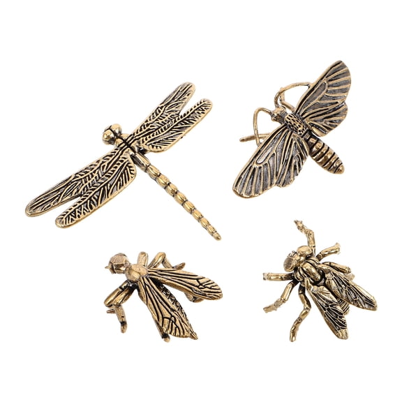 RENACLIPY 4Pcs Elegant Brass Insect Sculptures Golden Dragonfly Fly Mosquito Ornament for Home Office