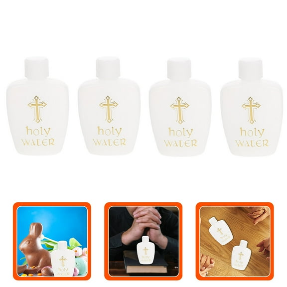 RENACLIPY 4Pcs White Holy Water Bottle with Cross Pattern Refillable Small Water Containers for Party Favors
