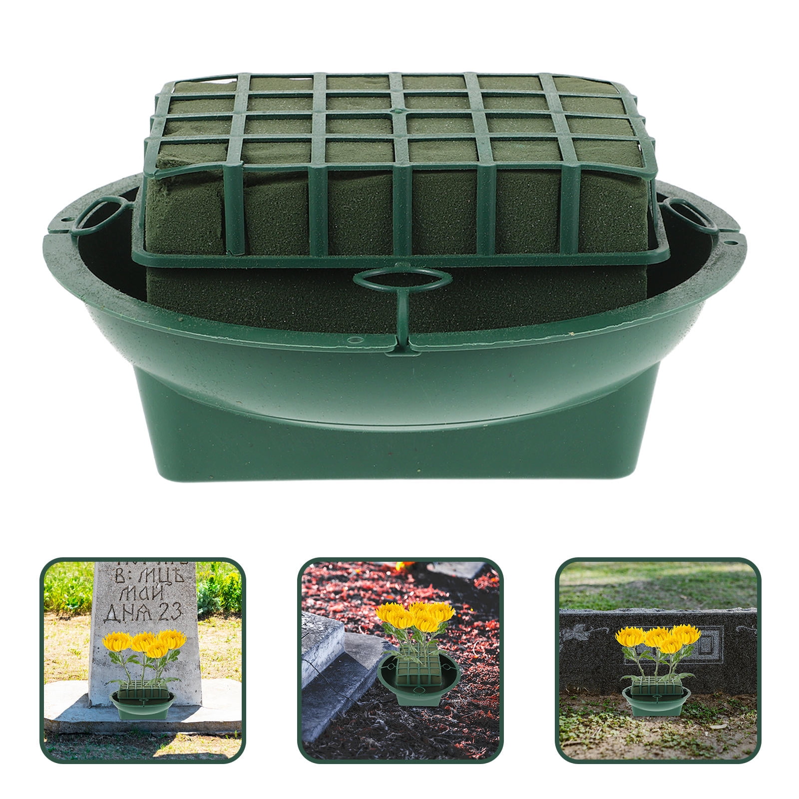 RENACLIPY 4 Sets Floral Saddle Flower Holders with Green Foam Tray for Cemetery Headstone Memorial Decoration