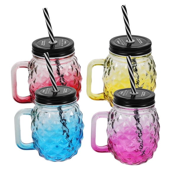 RENACLIPY 4-Pack Gradient Glass Pineapple Jar Cups with Lids and Straws, Reusable Drinkware Mugs for Iced Coffee, Tea