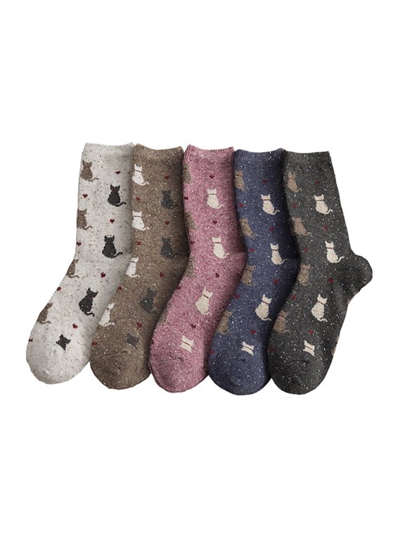 5 Pairs Wool Calf-High Socks for Men and Women, Breathable Elastic Stockings with Adorable Kitten Design