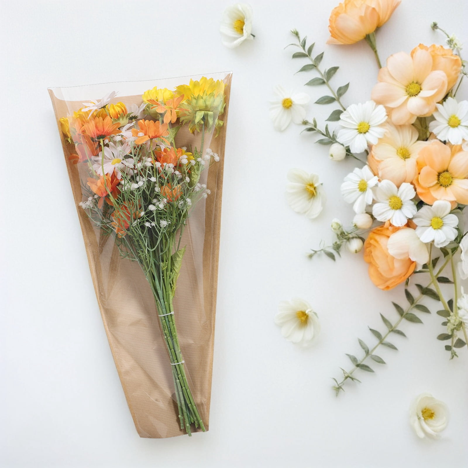 RENACLIPY Clear Floral Wrapping Bags with Brown Paper Design, 50 Pieces for Birthday Party Favors and Decorations