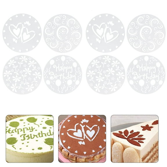 RENACLIPY 8-Piece White Cake Decorating Stencils Set with Multiple Patterns for Birthday, Holiday & Festive Baking