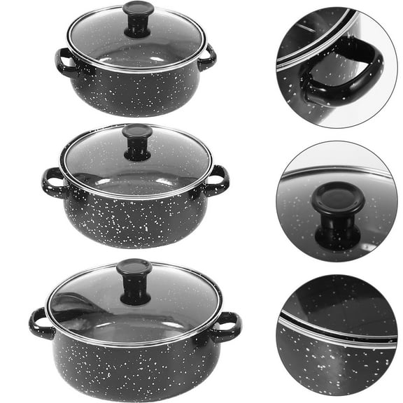 RENACLIPY 1Set Black Enamel Pot Set with Double Handles for Home Cooking and Easy Carrying