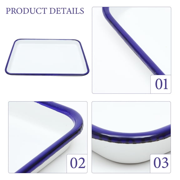 RENACLIPY Blue Rim Enamel Serving Tray Set White Baking Sheets for Cookies Jellies Rolls Roasting Bread Pan Rectangular Kitchen 7.1 X 10.2 Inch