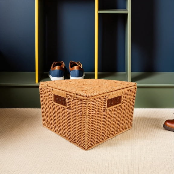 RENACLIPY Handwoven Faux Rattan Lidded Corner Basket for Bedroom Bathroom Storage Organizer
