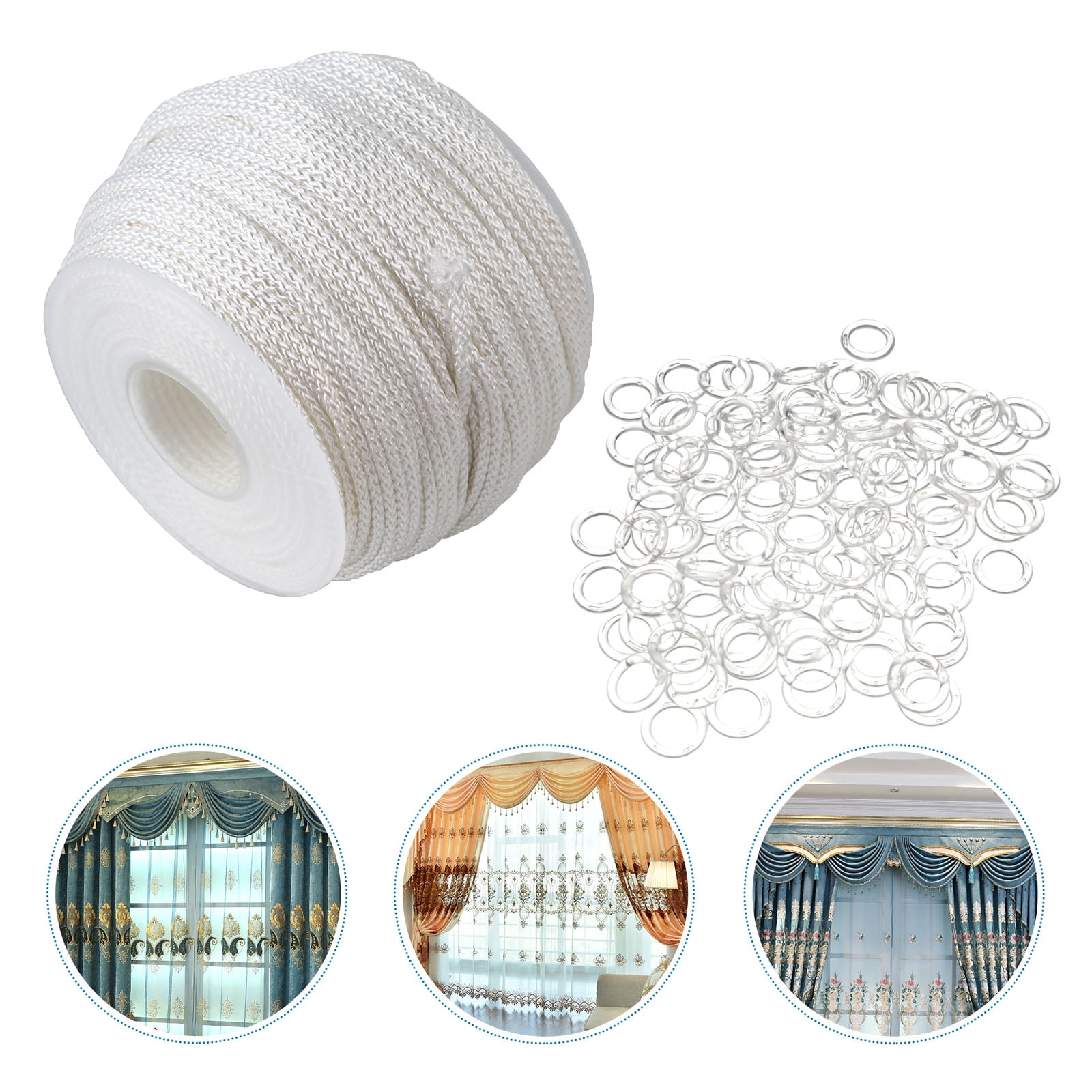 RENACLIPY Daily Use 1 Set White Plastic Curtain Rope 50m Rope 100 Rings ...