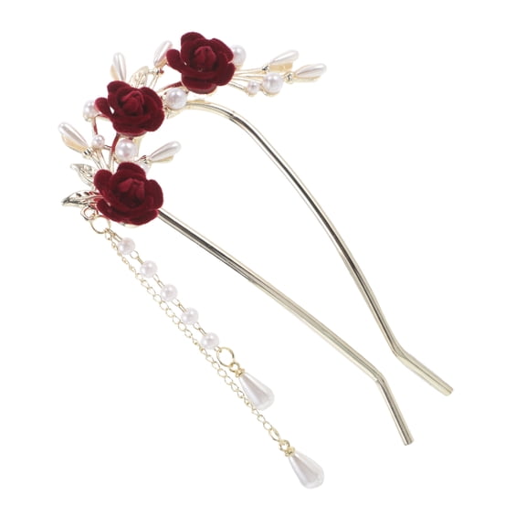 RENACLIPY Chinese Hanfu Hair Bun U Shaped Rose Hairpin With Tassels For Women 1Pack