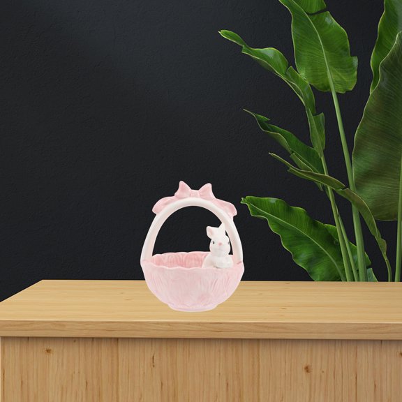 RENACLIPY Fine Craft Pink Ceramic Easter Bunny Basket Ornament for Home and Party Decor
