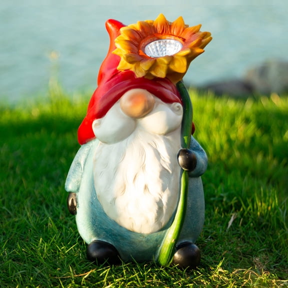 RENACLIPY Solar Powered Resin Garden Gnome Statue Outdoor Lawn Decor LED Light