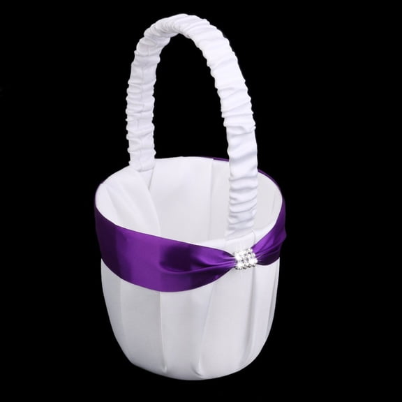 RENACLIPY White Satin Wedding Basket with Rhinestone Handle Elegant Flower Girl Basket for Wedding Ceremony and Special Events
