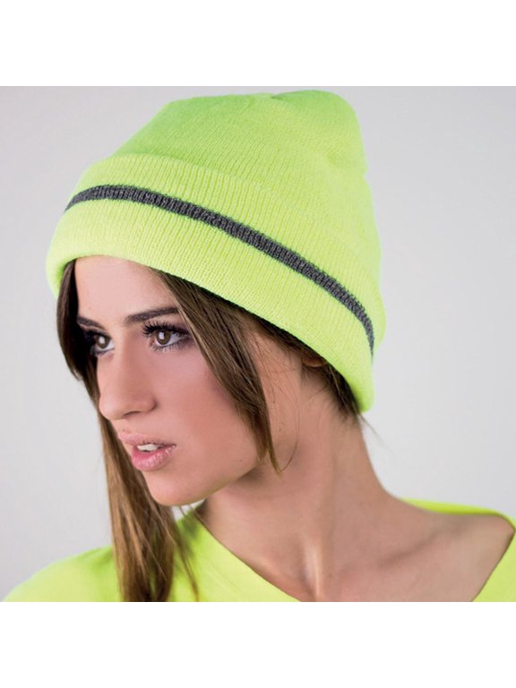 Green Fluorescent Reflective Knitted Hat with Cuffed Edge