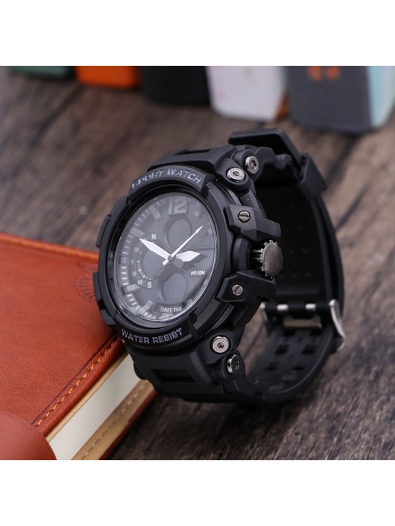 Black Digital Watch with Dual Movement, Date, Week Display, and Chronograph Function