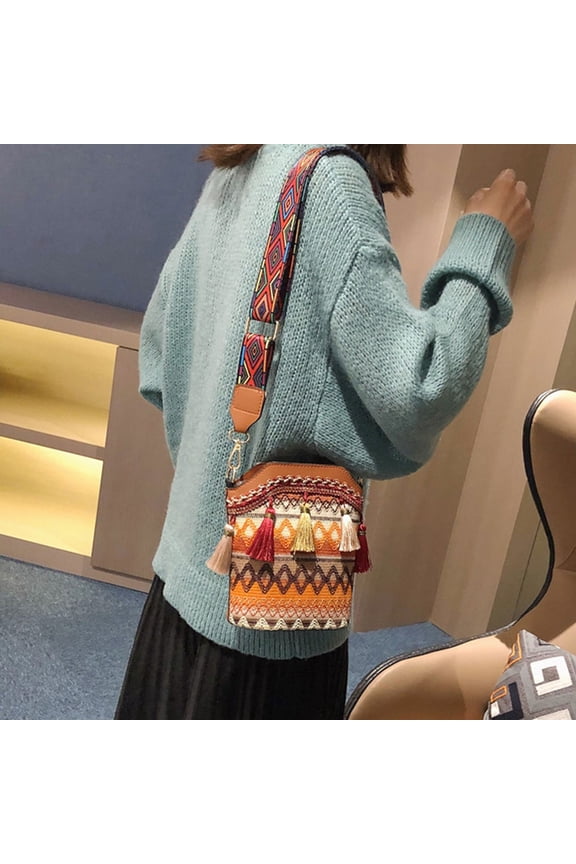 Bohemian Shoulder Bag Light Brown Tassel Weaving Design with Zippered Closure Stylish and