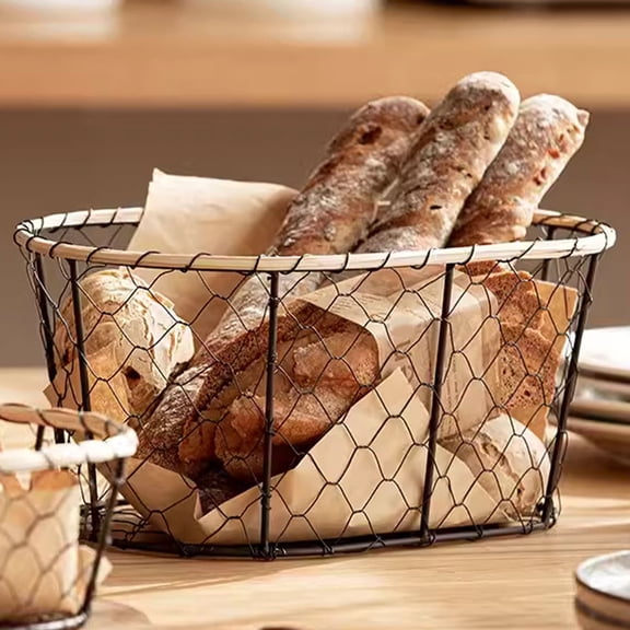 RENACLIPY Black Metal Wire Storage Basket - Multifunctional Organizer for Bread, Snacks, Fruits and Kitchen Essentials