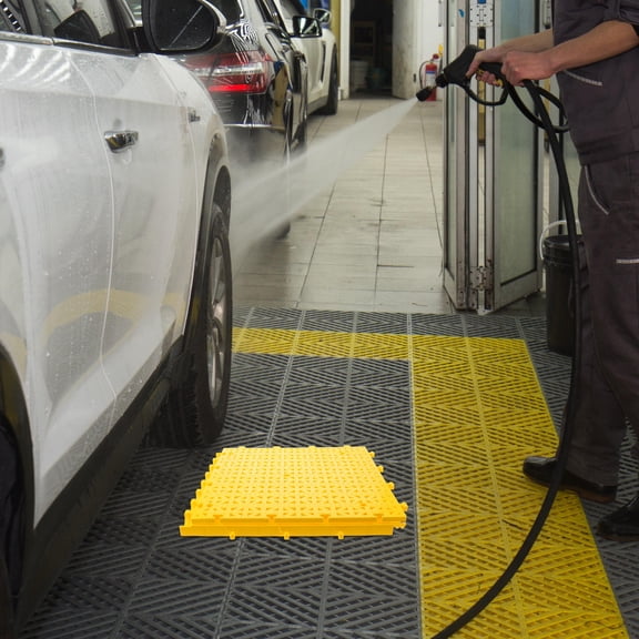 RENACLIPY Modular Interlocking Yellow Plastic Drainage Mat Floor Tiles for Garage Workshop and Basement