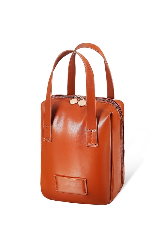 Brown Makeup Case with Multiple Storage Compartments and Zipper Closure