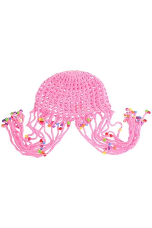Boho Pink Crochet Beanie Hat Tassel Adorned Soft Knit Cap for Decor