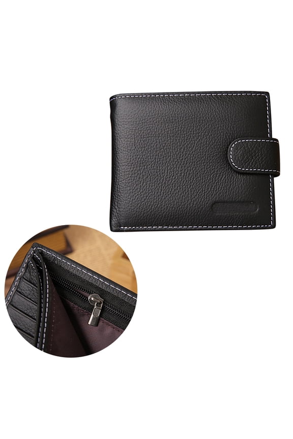 Slim Mens Black Trifold Wallet with Zipper Pocket, Multiple Card Slots, and Cash Compartments