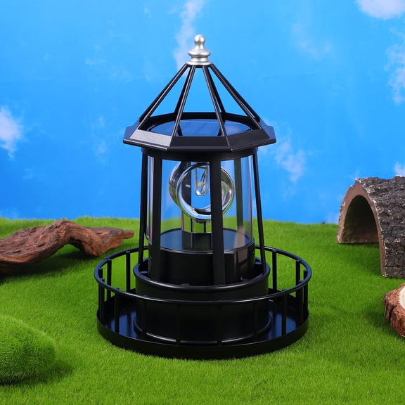 RENACLIPY Solar Lighthouse Lamp Outdoor Black Rotating Light for Patio Garden Yard Decor