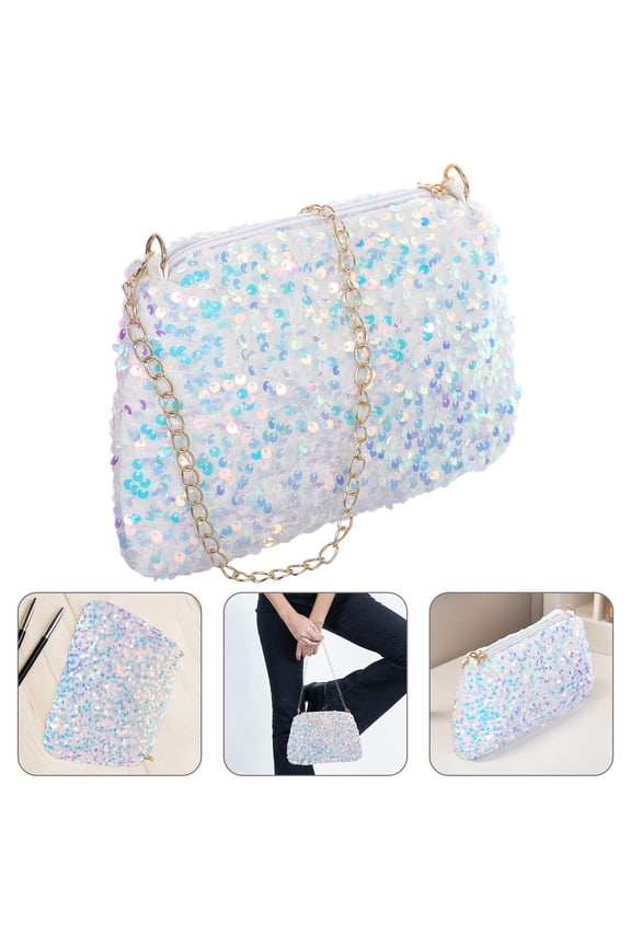Elegant White Sequin Crossbody Purse with Adjustable Chain for Events