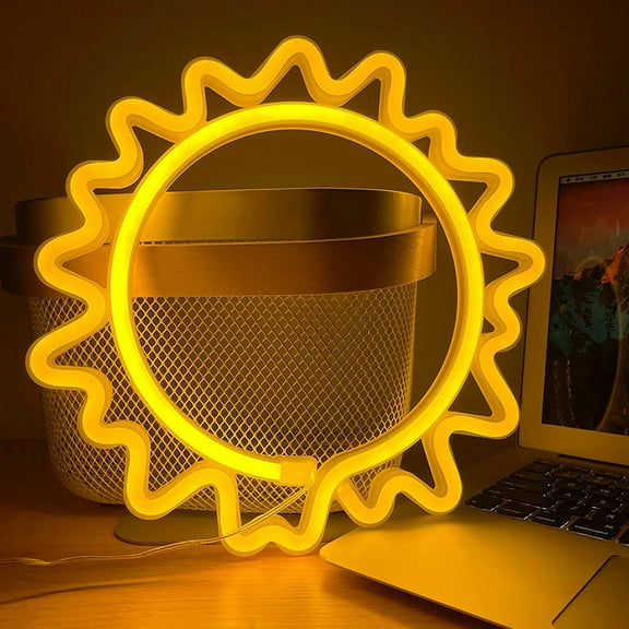 RENACLIPY Yellow Sun Shaped Neon Night Light with USB or Battery Power for Romantic Decoration Plastic Safe to Use 3 AA Batteries Not Included