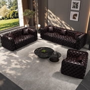 JIE LISHUN Faux Leather Modular Sectional Upholstered Sofa for Living Room,Oversized Deep Seat Couch for Big Spaces,Pure Handmade Button Tufted Design,3 Seater & 2 Seater & 1 Seater,Dark Brown