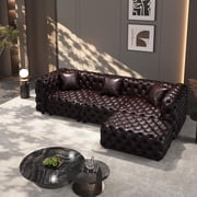 JIE LISHUN Faux Leather Modular Sectional Upholstered Sofa for Living Room,Oversized Deep Seat L Shaped Couch for Big Spaces,Pure Handmade Button Tufted Design,3 Seater & 1 Ottoman,Dark Brown