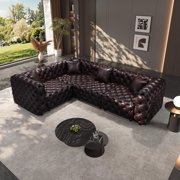 JIE LISHUN Faux Leather Modular Sectional Upholstered Sofa for Living Room,Oversized Deep Seat L Shaped Couch for Big Spaces,Pure Handmade Button Tufted Design,4 Seater,Dark Brown