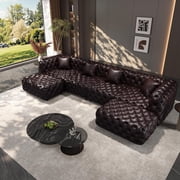 JIE LISHUN Faux Leather Modular Sectional Upholstered Sofa for Living Room,Oversized Deep Seat Modern Couch for Big Spaces,Pure Handmade Button Tufted Design,4 Seater & 2 Ottoman,Dark Brown