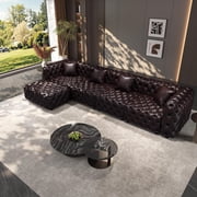 JIE LISHUN Faux Leather Modular Sectional Upholstered Sofa for Living Room,Oversized Deep Seat Modern Couch for Big Spaces,Pure Handmade Button Tufted Design,4 Seater & 1 Ottoman,Dark Brown