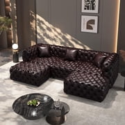 JIE LISHUN Faux Leather Modular Sectional Upholstered Sofa for Living Room,Oversized Deep Seat U Shaped Couch for Big Spaces,Pure Handmade Button Tufted Design,3 Seater & 2 Ottoman,Dark Brown