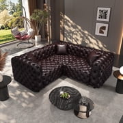 JIE LISHUN Faux Leather Modular Sectional Upholstered Sofa for Living Room,Oversized Deep Seat V Shaped Couch for Big Spaces,Pure Handmade Button Tufted Design,3-Seater,Dark Brown