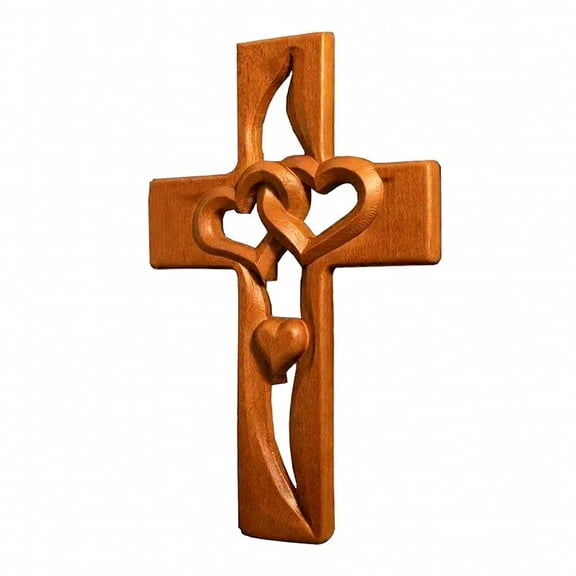 RENDZJ Handmade Wooden Cross with Intertwined Hearts Hand-carved Wood Heart Cross Wall Decor Ornaments Valentine Gift for Couples (Wood)