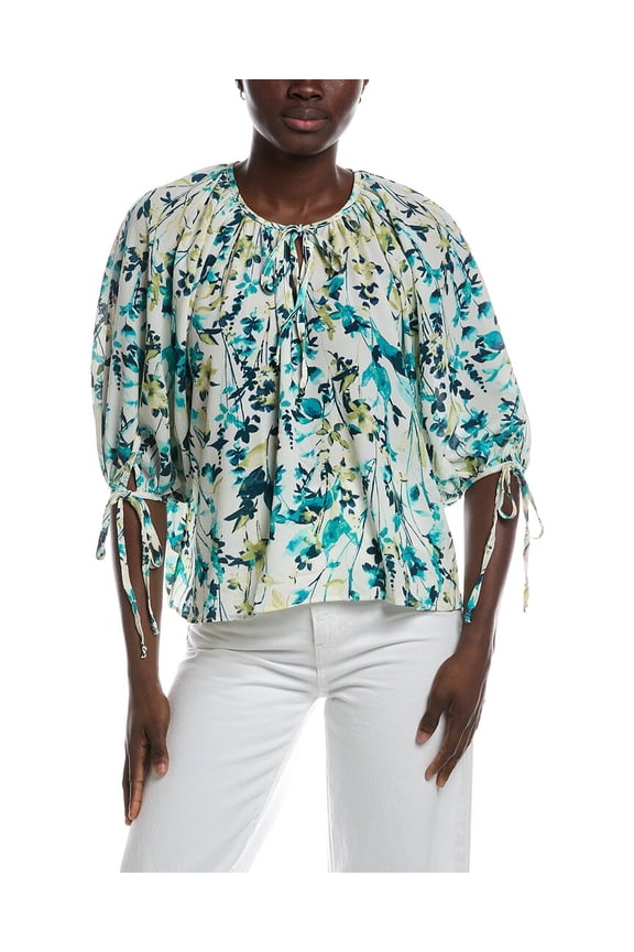 womens  Bubble Crepe Top, l, Green