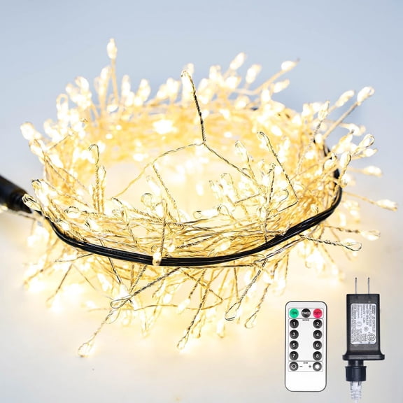 RENICE Cluster Fairy Lights 10FT Firecracker String Lights 100 LEDs Warm White Plug in Indoor Silver Wire String Lights with Remote for Christmas Tree,Plant,Garden,Patio,Backyard