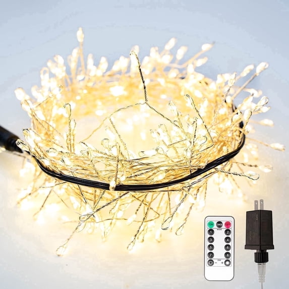 RESNICE Cluster Fairy Lights 20FT Firecracker String Lights 200 LED Warm White Plug in Indoor Silver Wire String Lights with Remote for Christmas Tree,Plant,Garden,Patio,Backyard