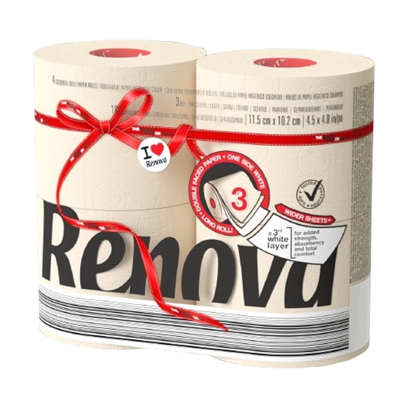 Renova Vanilla Toilet Paper 4 Jumbo Rolls 180 Sheets 3 Ply Embossed FSC Eco Designer look with conventional flushability, septic and sewer safe, gentle vanilla shade for daily use
