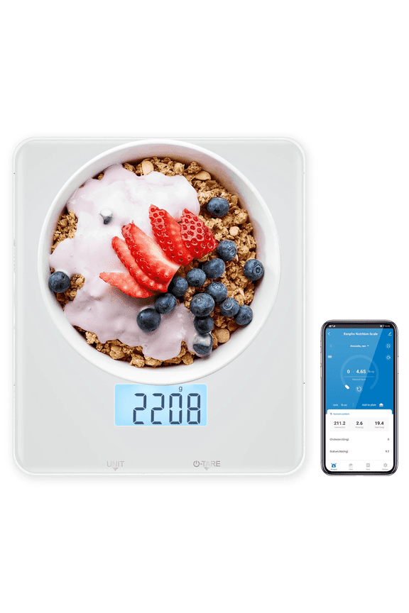 Bluetooth Food Scale with App, Digital Smart Kitchen Scale, Glass, White