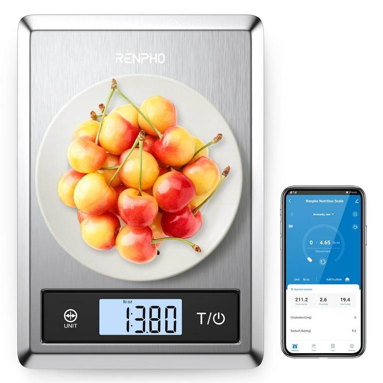 RENPHO Digital Food Scale with App, Bluetooth Smart Kitchen Scale, Stainless Steel, Size: 9 x 6.3 x 0.8, Silver