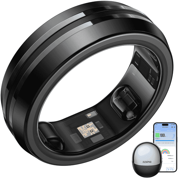 Renpho Lynx Smart Ring Health Tracker for Women & Men, Fitness & Sleep Monitor, Waterproof Titanium No Subscription, Size 8, Black