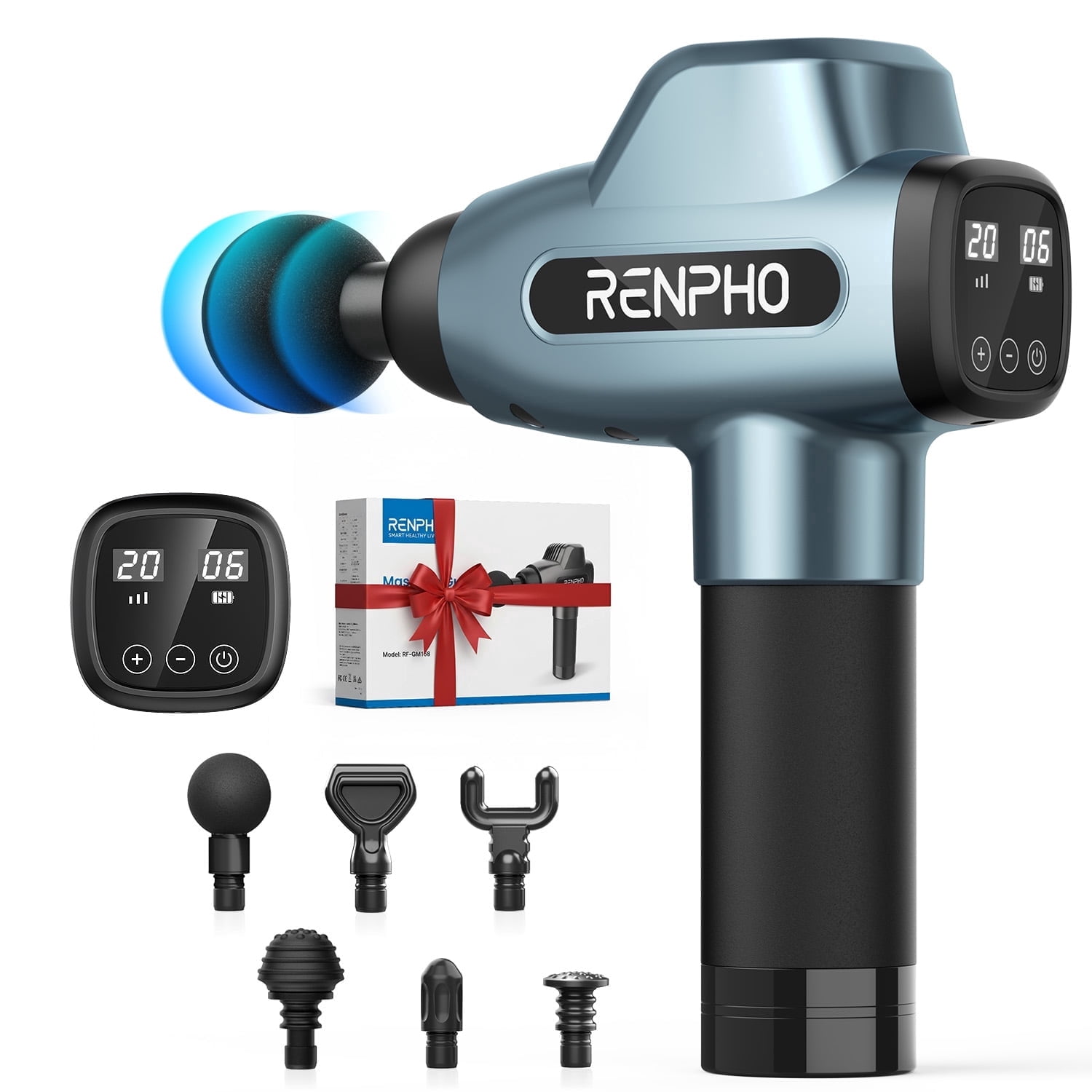 RENPHO Body Massager Muscle Massage Gun for Pain Relief Deep Tissue with 6 Massage Heads, FSA HSA Eligible, Gifts for Women Men, Blue