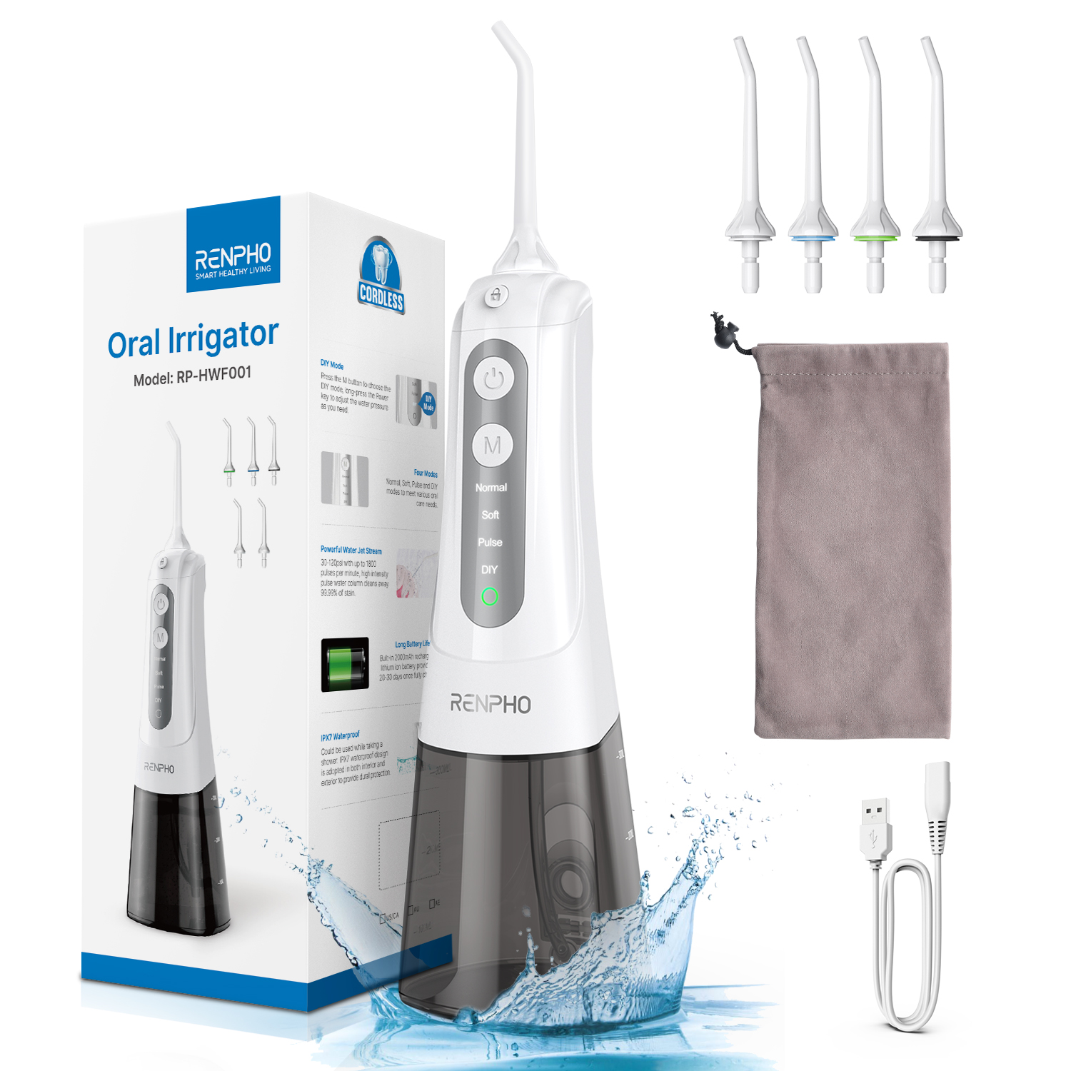 RENPHO Portable Rechargeable Water Flosser Oral Irrigator, White - image 1 of 8